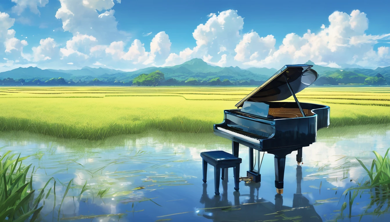 A grand piano placed on a bank in front of a Japanese rice field、The sky is a piercing blue.、Makoto Shinkai style touch、A grand piano placed on the bank in front of the rice fields、The piano is not submerged in water.