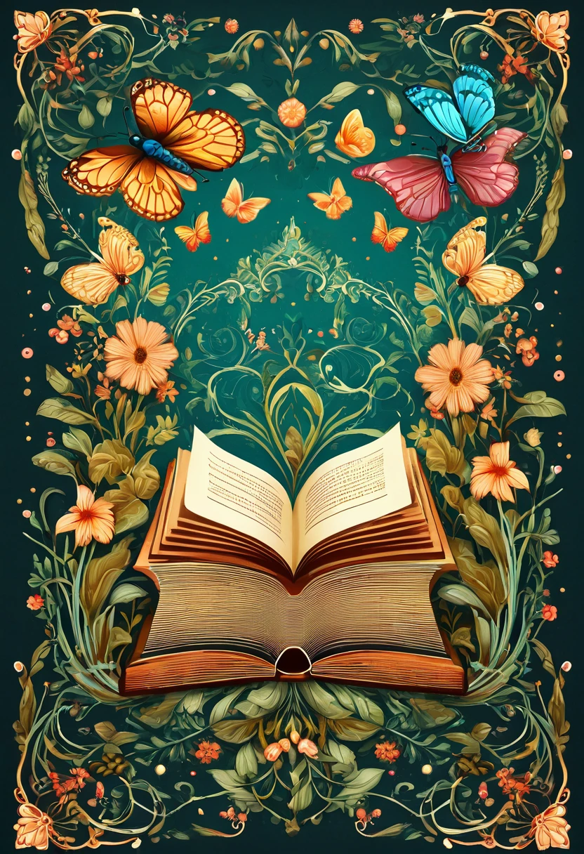 illustration of a book with a floral border, vector art by Maksimilijan Vanka, behance contest winner, art nouveau,cakes, illustrated in whimsical style, harmony of , butterflies and worms, flowers illustrated, adobe illustrator art, fabulous illustrations, flowers and butterflies, vector illustration, illustrations, highly detailed illustration, detailed illustrations, a beautiful artwork illustration