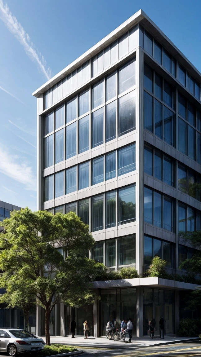Sure, here is a detailed text in English that can be used by an artificial intelligence to create the described image:
Imagine a digital composition that seamlessly blends elements of modern architecture with technological graphics, symbolizing the fusion of design and technology. At the center of the image, there is a 3D render of a contemporary building with clean lines and innovative design. The building features sustainable elements such as solar panels, vertical gardens, and large glass windows. Overlaid on the building are abstract graphics representing technology and innovation, including electronic circuits, data networks, and digital tool icons. To the left or right of the building, a group of architecture and engineering professionals are collaborating in a modern office environment, with computer screens displaying 3D models and construction plans. Surrounding the building are natural elements like trees and plants, symbolizing sustainability and environmental respect. The surfaces and materials in the image evoke sustainable construction materials, such as recycled wood, eco-friendly concrete, and high-efficiency glass. The color palette combines neutral and professional tones (gray, white, blue) with touches of green to symbolize sustainability. The lighting is soft, highlighting the details of the building and technological graphics. Interactive elements, such as software design icons, augmented reality, and cloud collaboration symbols, are subtly integrated.