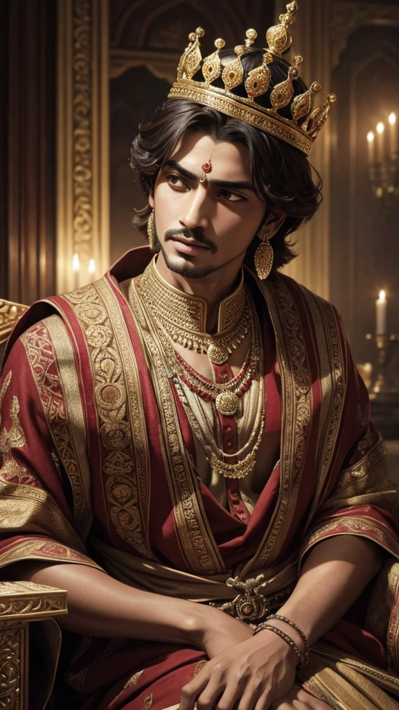 a king in ancient india, detailed portrait of king akbar, detailed facial features, intricate jewelry, ornate crown, regal robes, elaborate background, palace interior, dramatic lighting, chiaroscuro, oil painting, renaissance style, classical realism, muted color palette, warm tones, masterpiece, (best quality,4k,8k,highres,masterpiece:1.2),ultra-detailed,(realistic,photorealistic,photo-realistic:1.37)