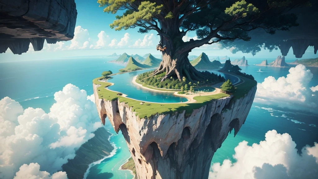 a close up of a tree on a cliff with a sky background, flying island in the sky, floating and flying island, an island floating in the air, floating island in the sky, flying island, floating mountains, island floating in the sky, anime nature, amazing wallpaper, epic matte painting of an island, made of tree and fantasy valley, floating island
