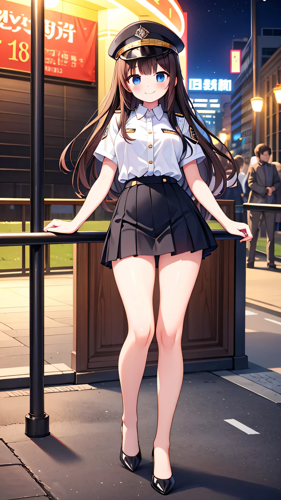 {Highest quality], [Super beautiful], [Ultra fine], [Best illustration], NSFW,Brown Hair, Hime cut, Long Hair, With bangs, girl, Uniform cap,Security uniform, Smiling face,blush, Slender women,Short sleeve,Long straight skirt, Adult women,Strike a Pose,(Public）Night Park, diagonal,Bare feet and pumps, Plain black pumps,Girl Up