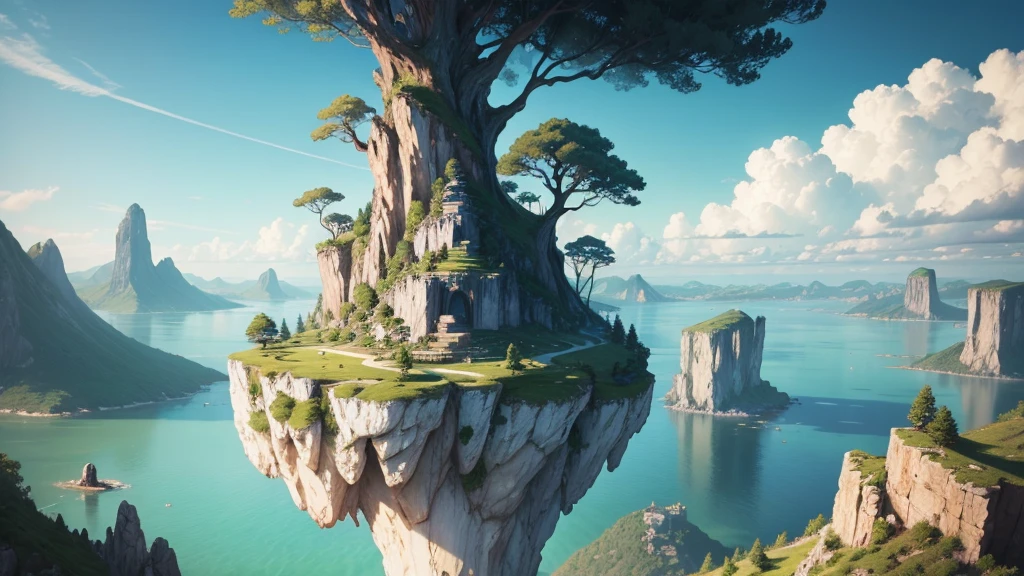 a close up of a tree on a cliff with a sky background, flying island in the sky, floating and flying island, an island floating in the air, floating island in the sky, flying island, floating mountains, island floating in the sky, anime nature, amazing wallpaper, epic matte painting of an island, made of tree and fantasy valley, floating island