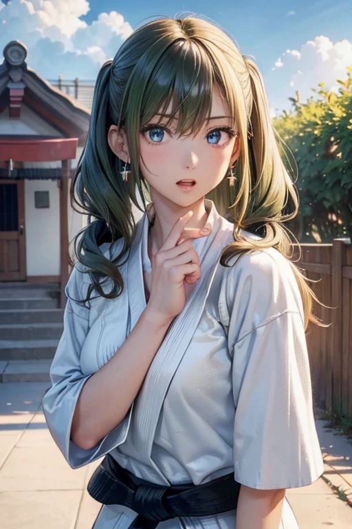 #Basics A girl is posing for a photo, animeのかわいい女の子, (((One Girl, Baby Face, 16 years old))),
BREAK
#Clothing Accessories
((Judo:1.5)),
(Silver earrings),
BREAK
#Features
(Light green hair:1.4, Chest-length sideburns:1.4 + Curly hair:1.4, Big twin tails : Hair blowing in the wind + Very long hair + Curly hairで横に広がるボリュームのある髪 + Outwardly curled hair),
(Droopy eyes,blue eyes), (Small breasts),
BREAK
#expression
(Glaring + Screaming + Angry),
#background environment
((noon, Sunshine + shrine + Rural landscape)),
#composition
(Face the viewer:1.4, kick:1.4, Cowboy Shot:1.4),
BREAK
#Body parts elements
(Beautiful Hair,Shiny Hair),
(double eyelid, Long eyelashes),
(Expression of fine eyes, Beautiful and delicate eyes, Sparkling eyes, Eye Reflexes),
(Human Ear),
(Beautiful Nose, Thin Nose),
(Glossy lips, Beautiful Lips, Thick lips), (Symmetrical facial features),
(Detailed skin, Textured skin, Beautiful Skin),
BREAK
#Quality
(((Highest quality)), ((masterpiece)), ((Very detailed))), ((High resolution), (16k,1080p)),
(Realistic), (Anatomically correct),
((comics, anime)), (3DCG), CG illustration,