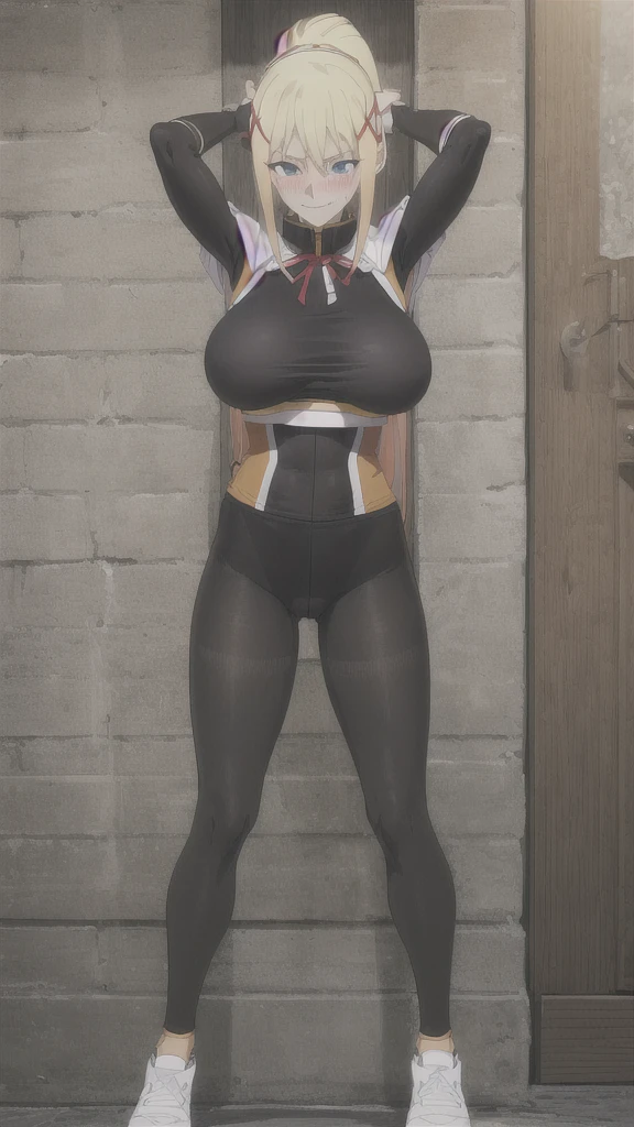 HDR, 8K, 4K, masterpiece, beautiful quality, darkness, darkness, 1 woman, alone, darkness (KonoSuba), ponytail, headdress, x headdress, upper body, give, side lock, Armor, body suit, ribbon, blue eyes, laugh, blushing, , thin waist, wide pelvis, thighs, (Clingy clothes, full body tights:1.5), a lot of sweat, (NSFW), arms up, stand with legs apart, Front view
