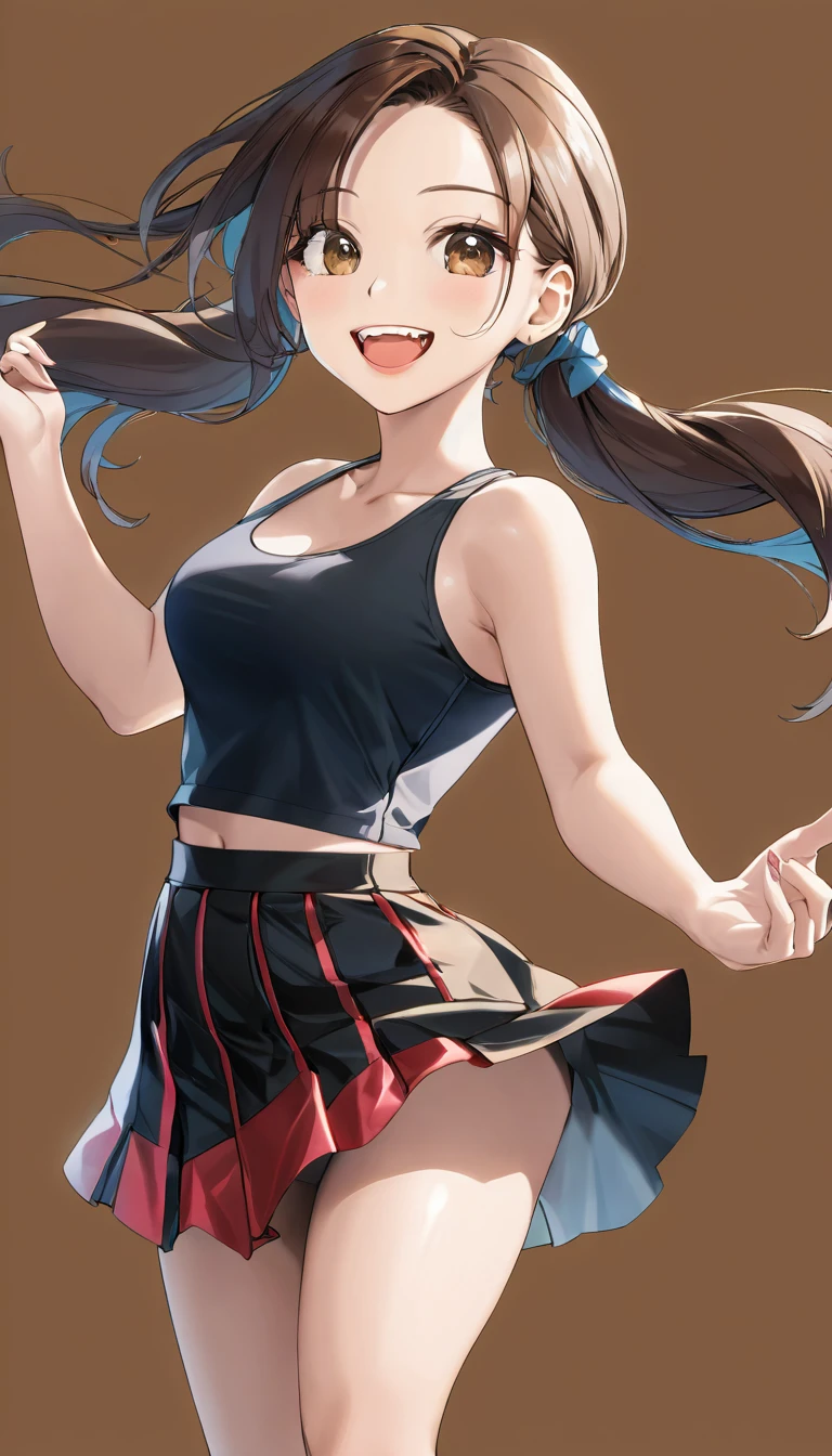 High-resolution image, masterpiece, full-body image, female singer with impressive white teeth and a smile, narrow eyes with double eyelids, tied hair, thick lips, healthy brown skin texture, wearing a tank top, short flared skirt, and boots, pose with right hand outstretched, angled from below, no background