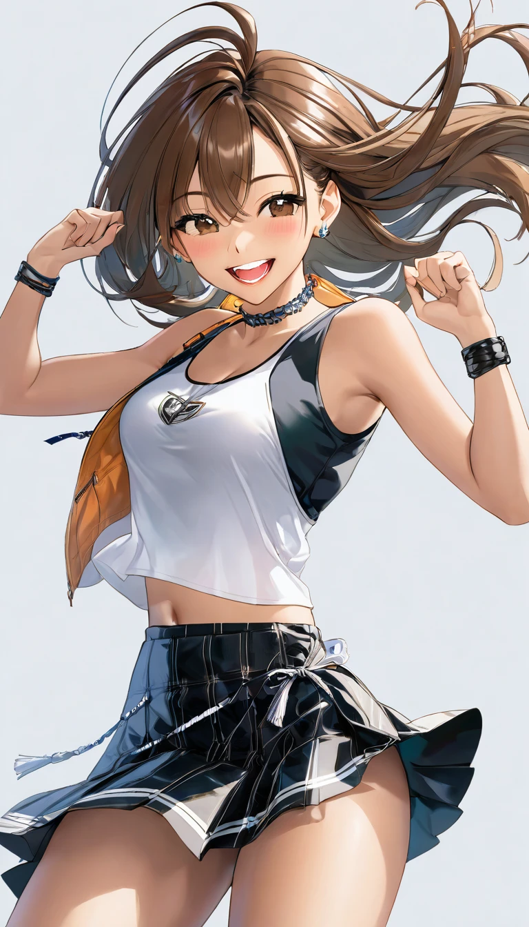 High-resolution image, masterpiece, full-body image, female singer with impressive white teeth and a smile, narrow eyes with double eyelids, tied hair, thick lips, healthy brown skin texture, wearing a tank top, short flared skirt, and boots, pose with right hand outstretched, angled from below, no background