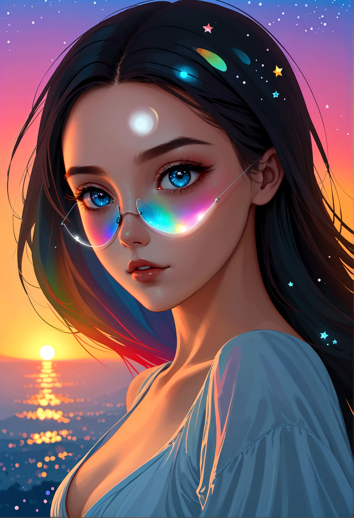 masterpiece, Amazing girl, Cute girl, Break, (Single eye patch:1.3), High detail eyes, Perfect eyes, portrait, High detail face, The same vision, glare, Rainbow Colors, Global Illumination, Soft Light, Light of Dreams, number, 8K Close-up, fantasy, Night Sky, Star, nebula, White crystal, moonlight, peaceful, summer, (8K:1.1)