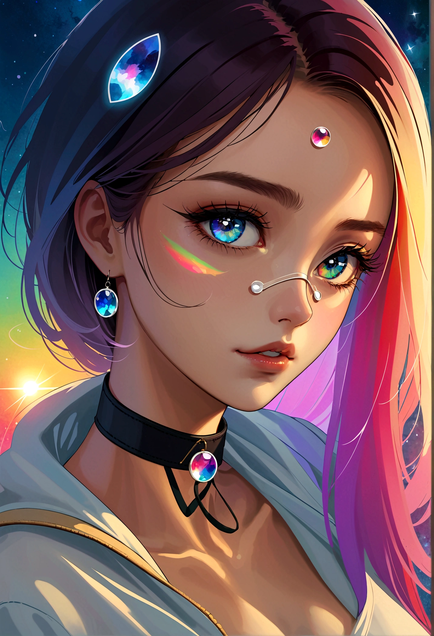 masterpiece, Amazing girl, Cute girl, Break, (Single eye patch:1.3), High detail eyes, Perfect eyes, portrait, High detail face, The same vision, glare, Rainbow Colors, Global Illumination, Soft Light, Light of Dreams, number, 8K Close-up, fantasy, Night Sky, Star, nebula, White crystal, moonlight, peaceful, summer, (8K:1.1)