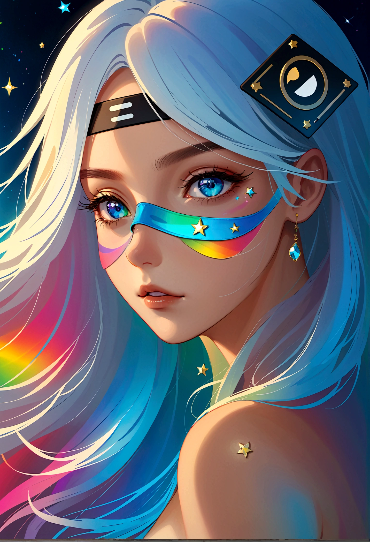 masterpiece, Amazing girl, Cute girl, Break, (Single eye patch:1.3), High detail eyes, Perfect eyes, portrait, High detail face, The same vision, glare, Rainbow Colors, Global Illumination, Soft Light, Light of Dreams, number, 8K Close-up, fantasy, Night Sky, Star, nebula, White crystal, moonlight, peaceful, summer, (8K:1.1)