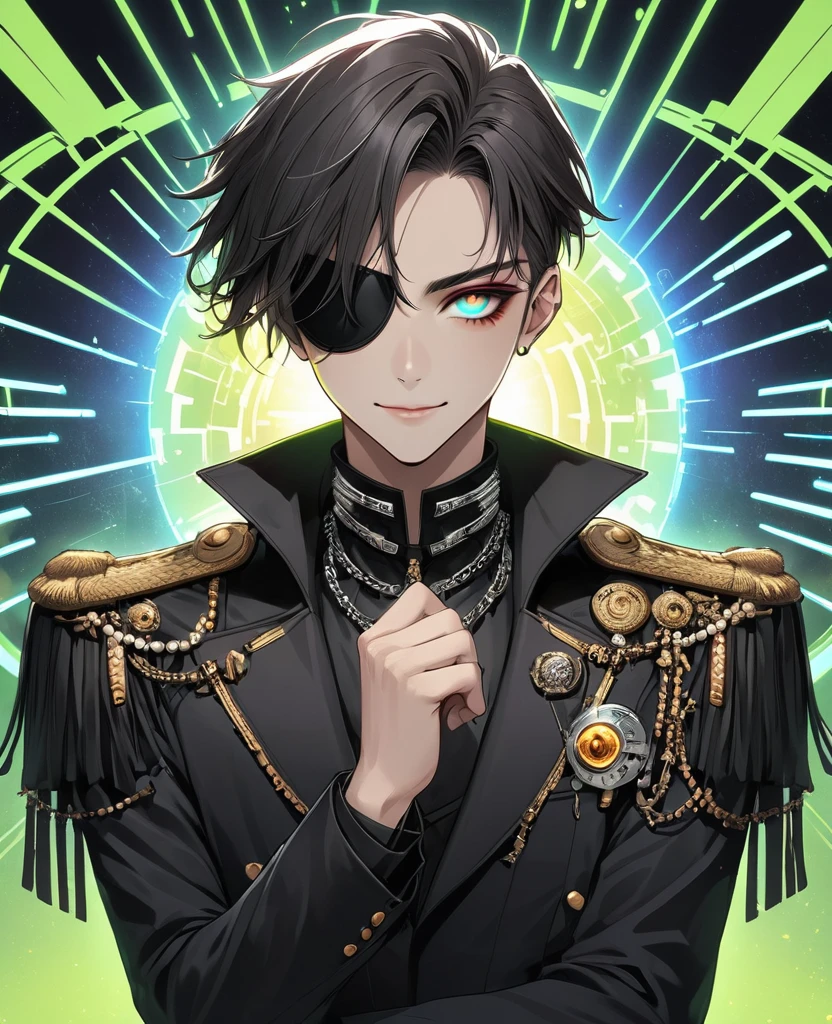 (Digital Illustration,Detailed anime style,Heavy Metal Cyberpunk,Pearl tassel eye mask,Portrait of short-haired boy wearing mask eye patch,Solitary,symmetry),(Big colorful eyes,Fashionable and exquisite facial features,Exquisite makeup,Smooth skin,Smile,Soulful gaze,),(Black suit,Epaulettes-Chain,cool,),(((Correct human anatomy))),,out a hand:1.37.(((Radioactive geometric dynamic light wave background)))