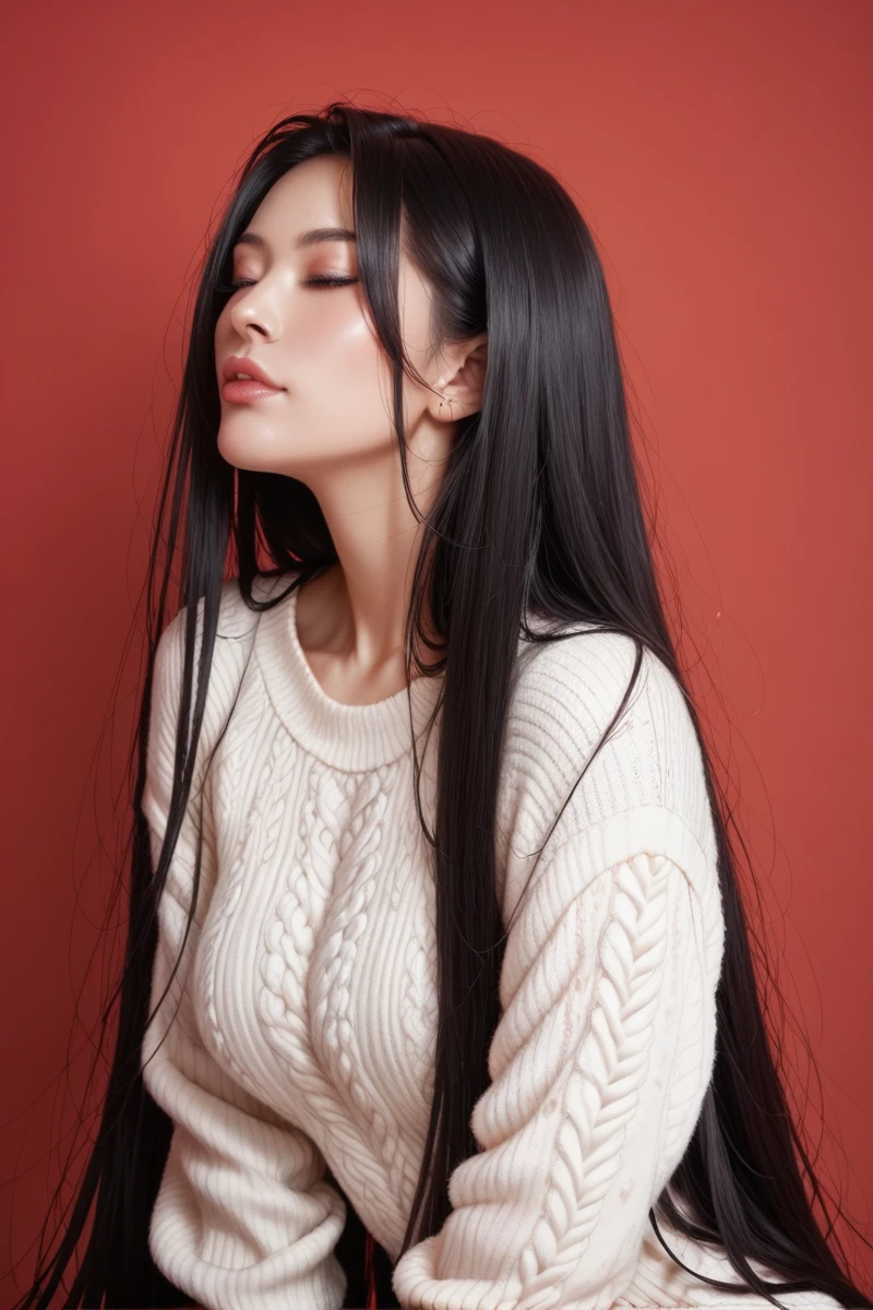 score_9,score_8_superior,score_7_superior, 20-year-old, 8k, High resolution, beautiful girl, Black Hair, Very long hair, Straight hair, Mouth closed,
One girl, Detailed face, Beautiful woman face, sweater, Red background, View your viewers,