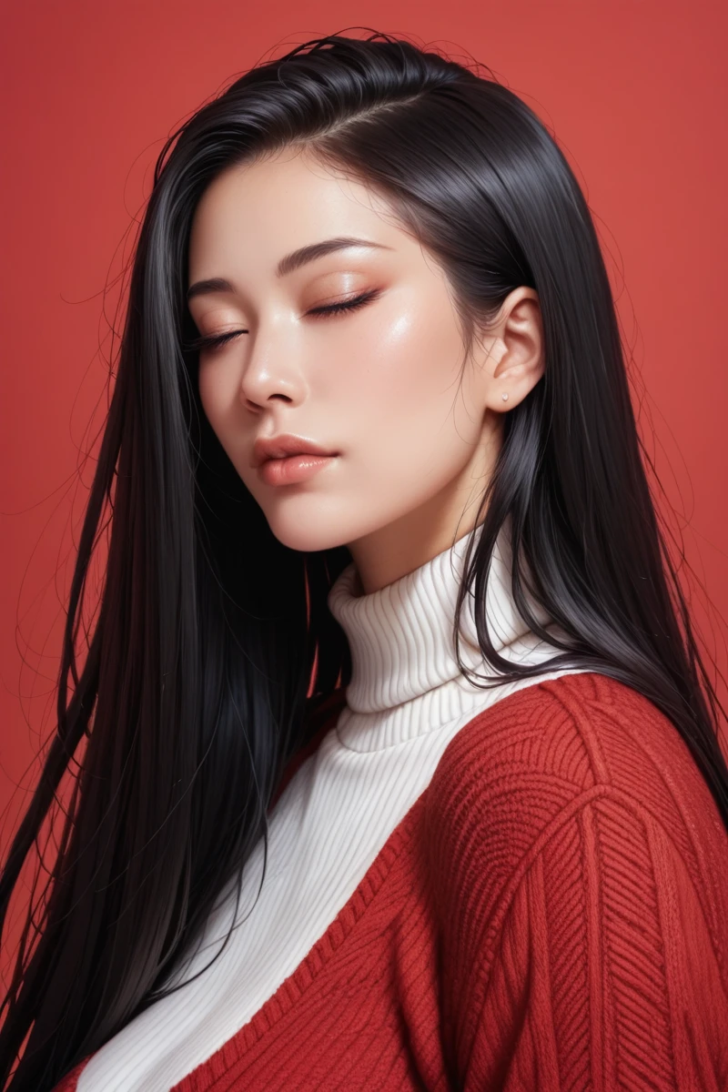 score_9,score_8_superior,score_7_superior, 20-year-old, 8k, High resolution, beautiful girl, Black Hair, Very long hair, Straight hair, Mouth closed,
One girl, Detailed face, Beautiful woman face, sweater, Red background, View your viewers,