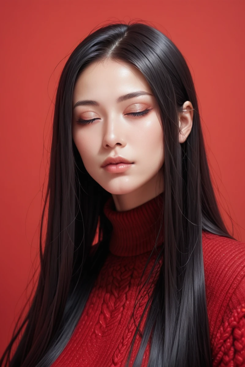 score_9,score_8_superior,score_7_superior, 20-year-old, 8k, High resolution, beautiful girl, Black Hair, Very long hair, Straight hair, Mouth closed,
One girl, Detailed face, Beautiful woman face, sweater, Red background, View your viewers,
