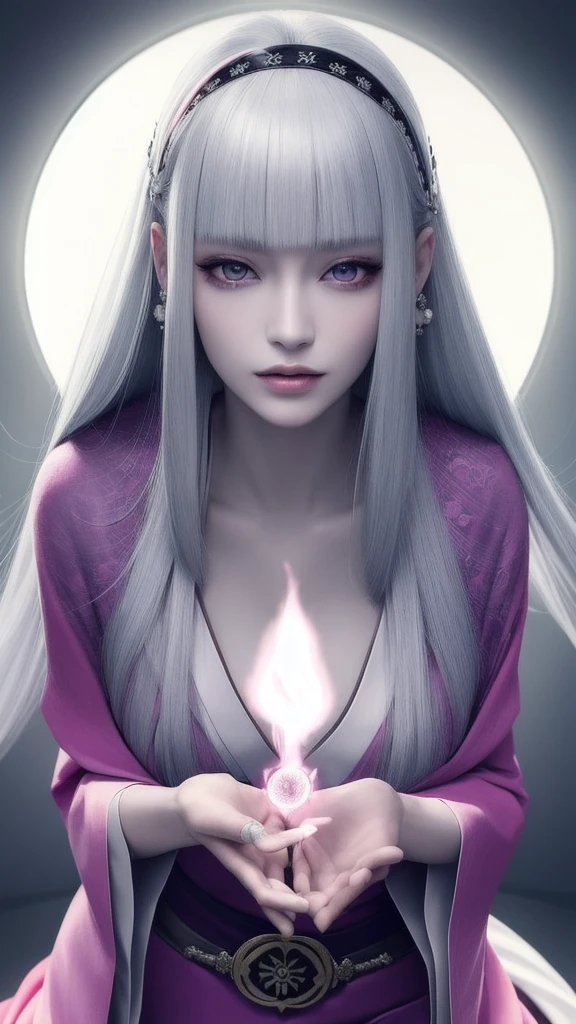 (masterpiece, top quality, 1 female, solo, exquisite details, chromatic aberration), (realistic), (skin), ((breath)), (silver hair, blunt bangs, long straight hair, trimmed bangs), exquisite hair, red Japanese style headdress, blue highlights, hair over one eye, purple eyes, earrings, piercing eyes, ((pink and white kimono)), ((symmetrical eyes)), ((perfectly symmetrical body)), ((perfectly symmetrical hands)), (pureerosface_v1:0.3), night, (((natural light))), backlit, grey wall, dim lighting, facing towards viewer, ((central shot, from the front, (face and waist))), mystical atmosphere, fortune teller in kimono, beautiful fortune teller, fortune teller, dark fantasy female fortune teller, female fortune teller, fantasy photography, magician, witch fairy tale, Japanese style, elegant cinematic fantasy Art, fantasy woman, portrait of magician, casting spells, fortune teller, not very sexy kimono