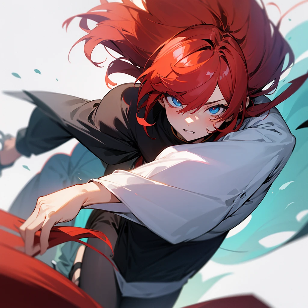 anime cute boy redhead androgynous, cabelo longo ruivo preso em um rabo de cavalo, blusa de frio preta longa, foco no rosto e ombro, fofo