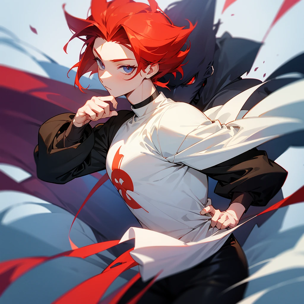 anime cute boy redhead androgynous, cabelo longo ruivo preso em um rabo de cavalo, blusa de frio preta longa, foco no rosto e ombro, fofo