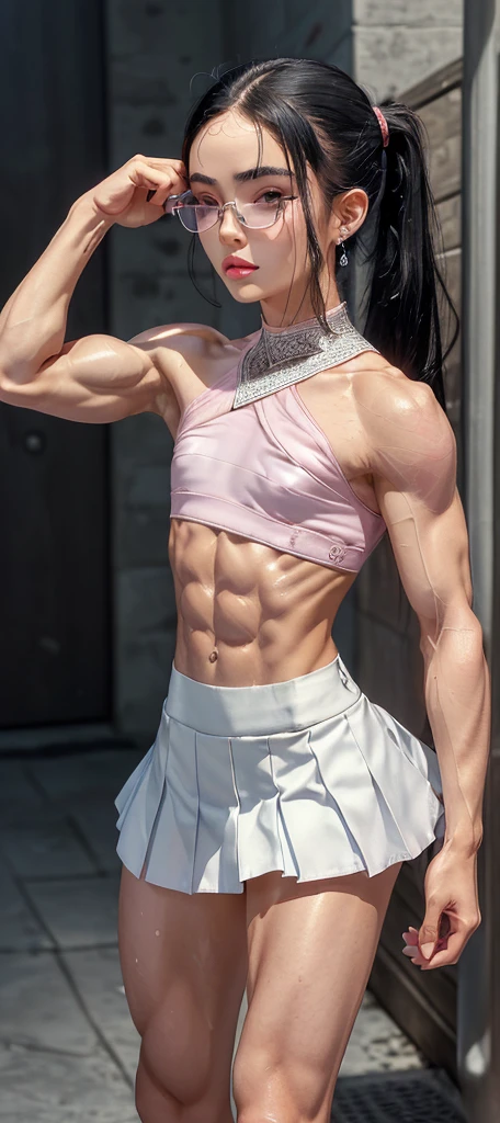 Pretty nerdy Chinese girl, detailed face and eyes, looking at viewer, masterpiece, best quality, shallow depth of field, 8K HDR, huge breasts, 85mm photo, shallow depth of field, tack sharp, (1girl:1.9), 18 years old, , black hair, tanned skin, short ponytail, 4’9” height, eye glasses (wearing a white shirt and black pleated skirt:1.8), (showing abs, chiselled abs, shredded 8-pack abs:, abs of steel, shredded abdominal muscle, cut lower obliques, washboard abs, leg muscles of a ballerina , heart shaped glutes, muscular legs, hard calves, ultra defined thigh muscle:1.7), (muscles of a ballerina , heart shaped glutes, muscular legs, hard calves, ultra defined thigh muscle, striated leg muscles, diamond shaped calves:1.5), (slim body:1.2), gorgeous, standing in the park, wearing make up, (beautiful feminine face:2.1)