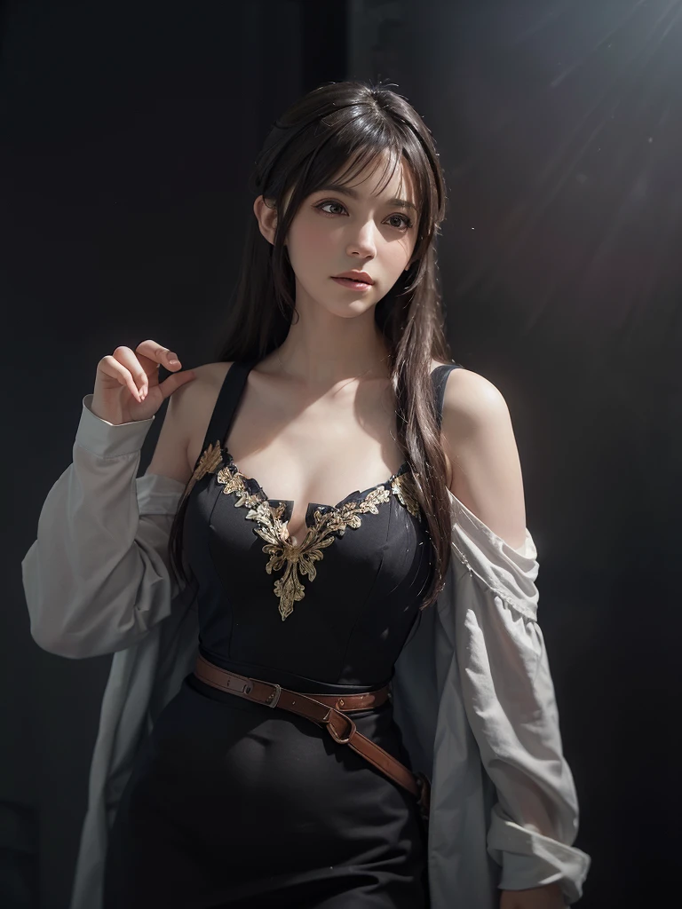 (front focus), (in the dark:1.6), Hyperrealist portrait of female by david hockney and alphonse mucha, fantasy art, photo realistic, dynamic lighting, artstation, poster, volumetric lighting, very detailed faces, 4 k, award winning, 1girl, in the dark, deep shadow, low key, cowboy shot, (official clothing:1.4), long hair, white hair