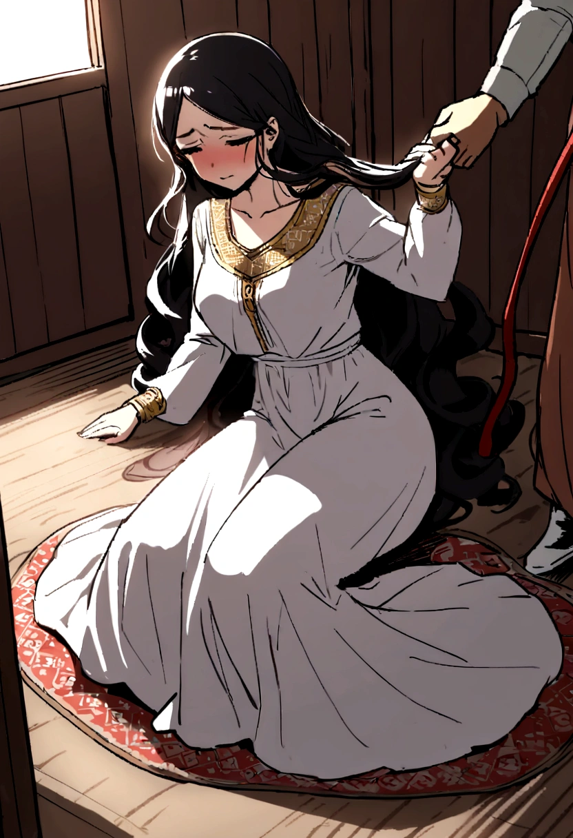 ((slaps)), ((they pull her hair)), ((pissing)), ((Islamic)), ((slap on the ass)), ((lying on the carpet)) Twenty year old Afghan woman, she and the others have been whipped 100 times after she was caught at a party with men and more women, She has long curly hair, weeping disconsolately, her father punishes her by locking her in the barn, she wears a large long skirt and a half-banked blouse, as she is in pain from the whipping. Whip marks all over her body