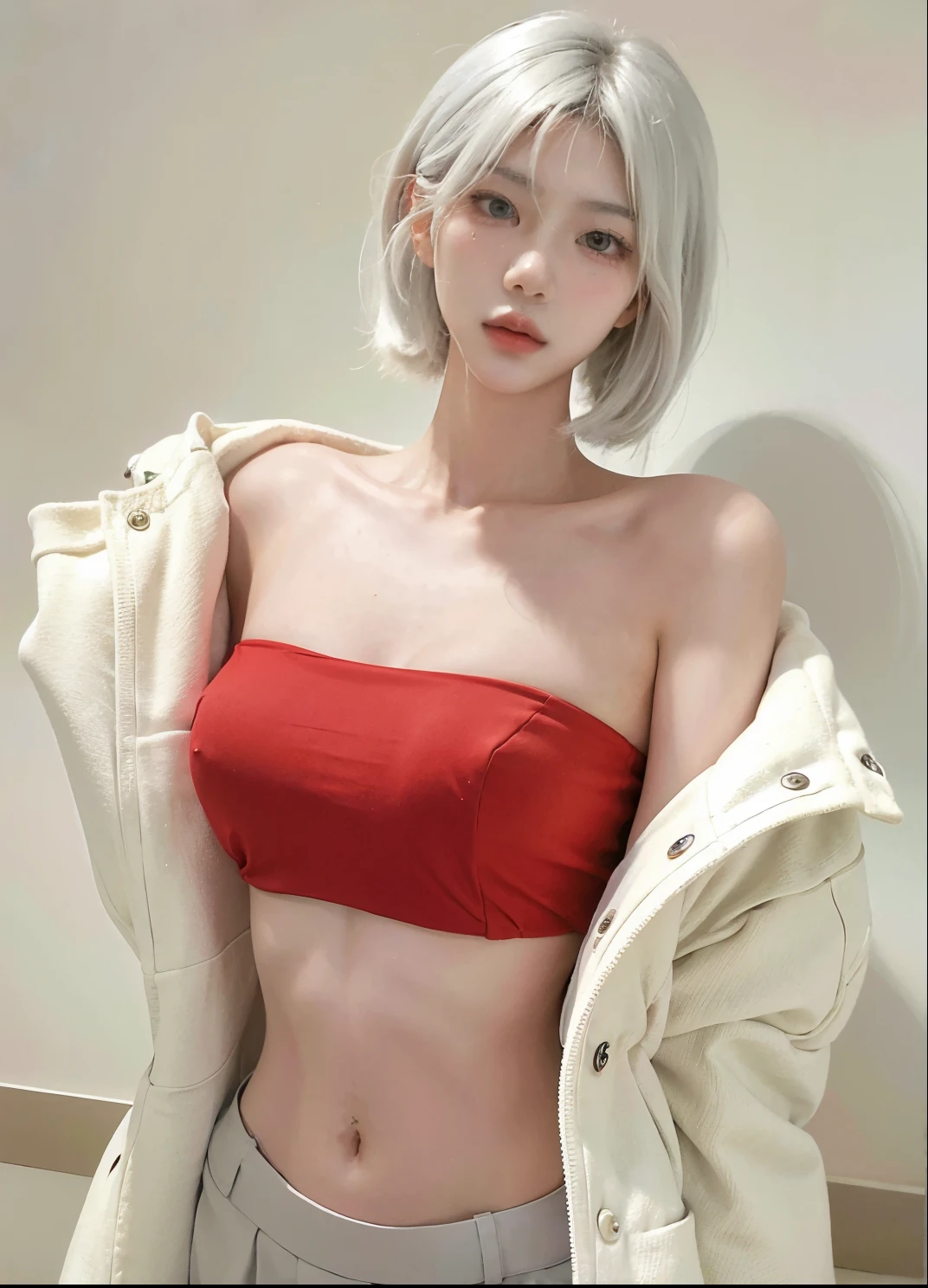 Beautiful woman with perfect figure:1.4,Ultra-high resolution,White background,(lifelike:1.4),Layered Hairstyle,White skin,Bikini:1.5,Super short pleated skirt,whole body,Very delicate face and skin texture,Double eyelids,Skin Whitening,short hair,White hair