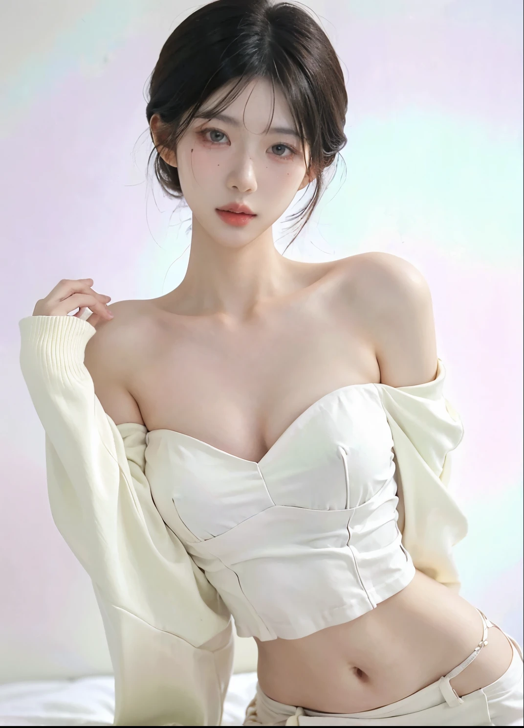 Beautiful woman with perfect figure:1.4，Ultra-high resolution，White background，（lifelike：1.4），Layered Hairstyle，White skin，Bikini:1.5，Super short pleated skirt，whole body，Very delicate face and skin texture，Double eyelids，Skin Whitening，short hair，White hair