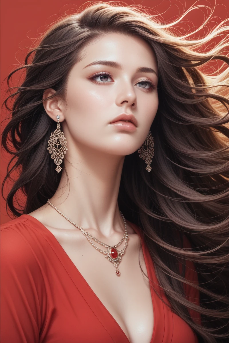 score_9,score_8_superior,score_7_superior, One girl, 20-year-old, Long Hair, Windblown Hair , Expressionless,
Beautiful woman, Beautiful Face, Earrings, necklace, Red background,