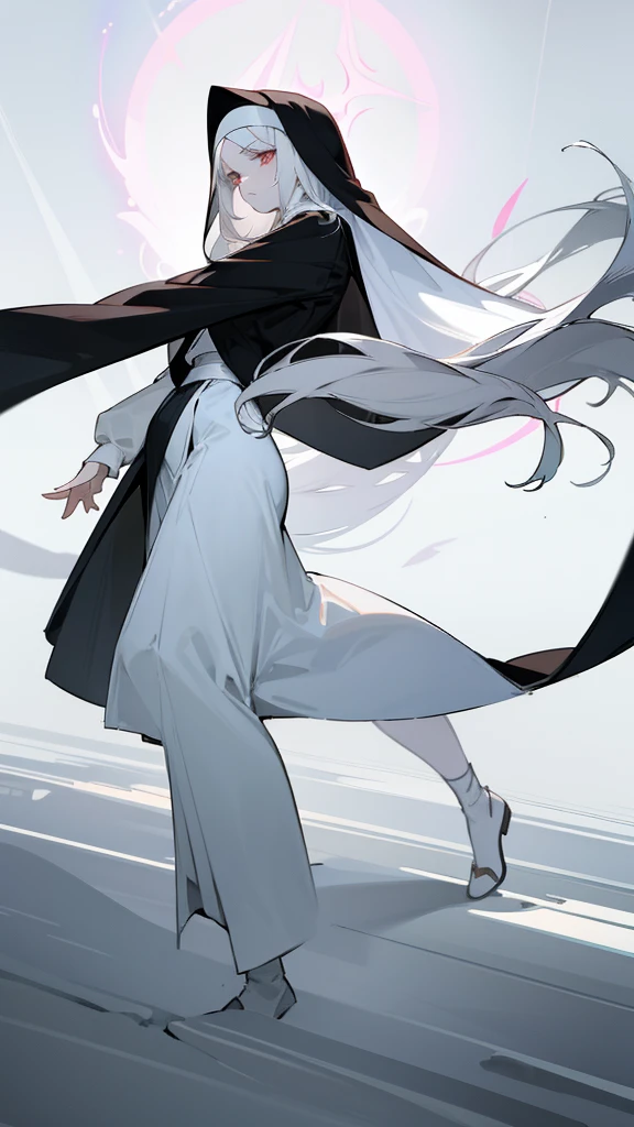 Character (mature) (hair bangs) (white long hair) (white pale skin) (black nun-style clothing) (character in dynamic pose) (perspective angle taken)