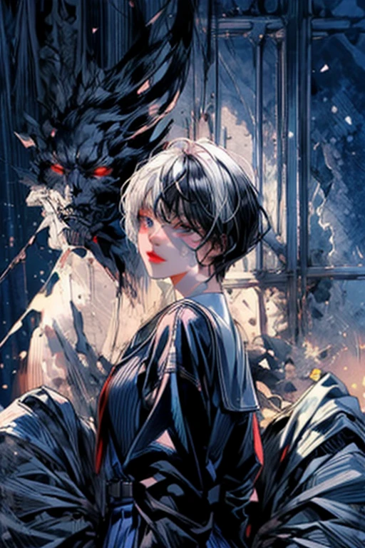 masterpiece,best quality,ultra-detailed,8k,high resolution,vulcn style, Black and Red,One Girl,(short hair:1.2),Highly detailed eyes,Highly detailed face,Very fine hair,8k,1920s,masterpiece,Highest quality,(Left and right split theme:0.6),Without gaps,Heterochromia iridis,((2 Tone hair:1.2)),2 Tone_Jacket,(Chiaroscuro:1.2),(On the left are black hair and red eyes,On the right are white hair and blue eyes:1.2),(Sailor suit:1.2),Complete Anatomy,the whole body is facing forward