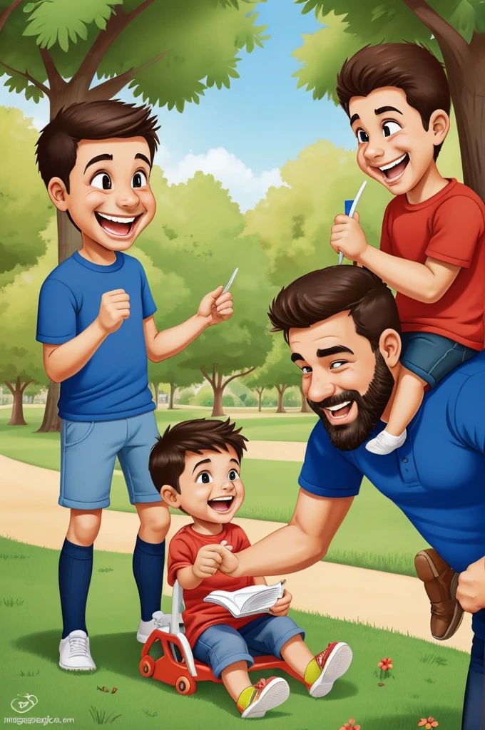 Dibujo de caricatura, de un padre con sus hijos, in a park having fun, junto a un texto que diga: Happy Father's Day