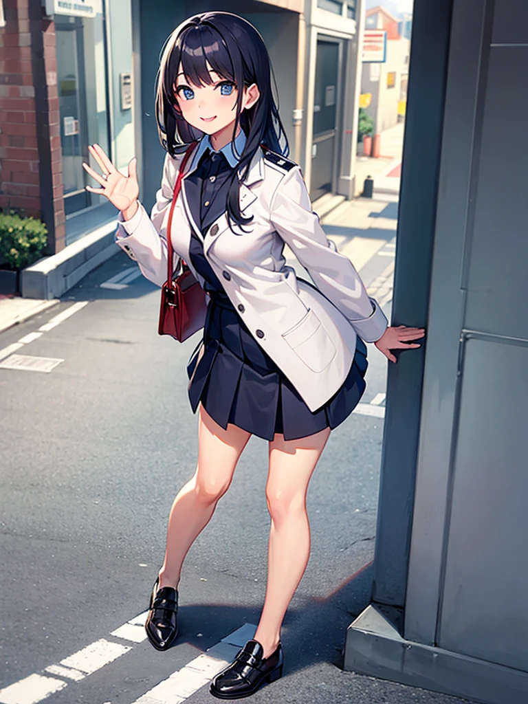 Girl, office uniform, street, waving hand, smile face, full body