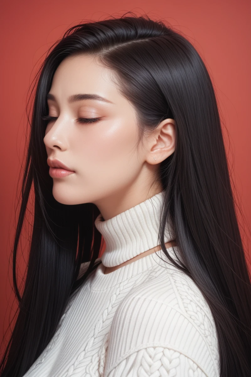 ,score_9,score_8_superior,score_7_superior, 20-year-old, 8k, High resolution, beautiful girl, Black Hair, Very long hair, Straight hair, Mouth closed,
One girl, Detailed face, Beautiful woman face, sweater, Red background, View your viewers,