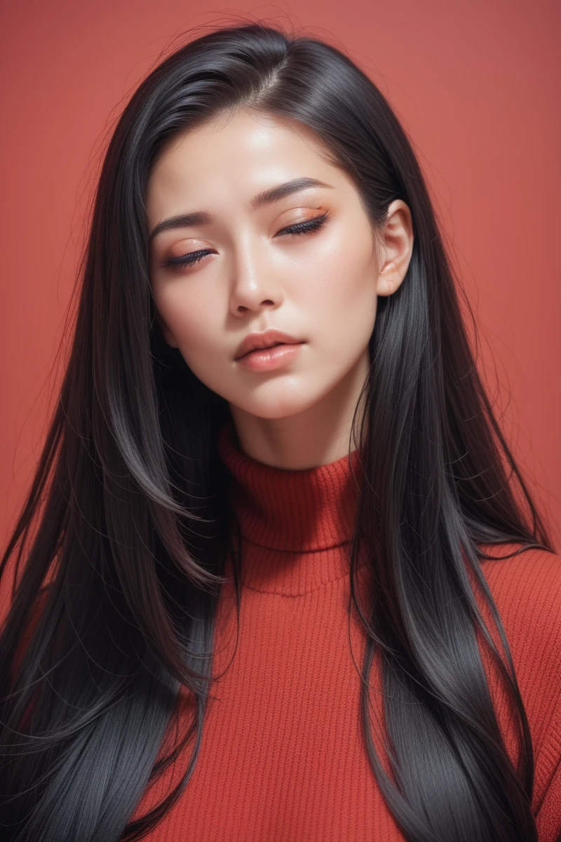 ,score_9,score_8_superior,score_7_superior, 20-year-old, 8k, High resolution, beautiful girl, Black Hair, Very long hair, Straight hair, Mouth closed,
One girl, Detailed face, Beautiful woman face, sweater, Red background, View your viewers,
