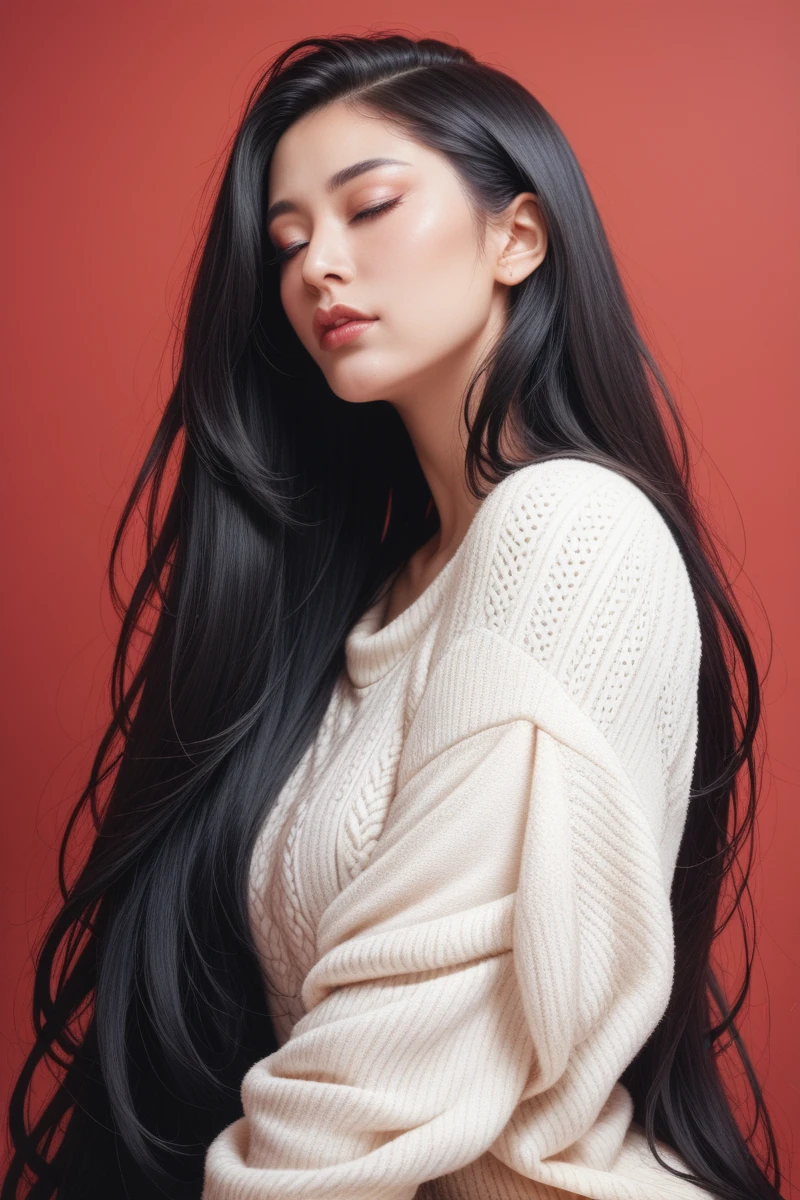 ,score_9,score_8_superior,score_7_superior, 20-year-old, 8k, High resolution, beautiful girl, Black Hair, Very long hair, Straight hair, Mouth closed,
One girl, Detailed face, Beautiful woman face, sweater, Red background, View your viewers,