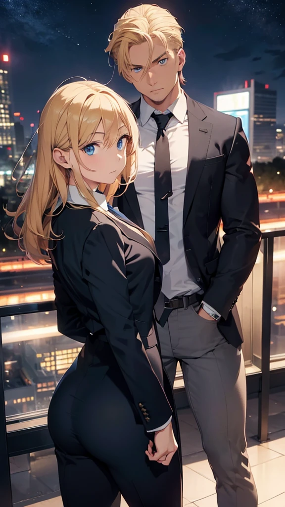 Half body portrait of a woman and a muscular young man with blond hair, blue eyes, wearing a plain black suit. Turn around and look back at the half-body image, colored lights, look back. city view at night