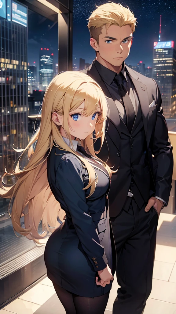 Half body portrait of a woman and a muscular young man with blond hair, blue eyes, wearing a plain black suit. Turn around and look back at the half-body image, colored lights, look back. city view at night