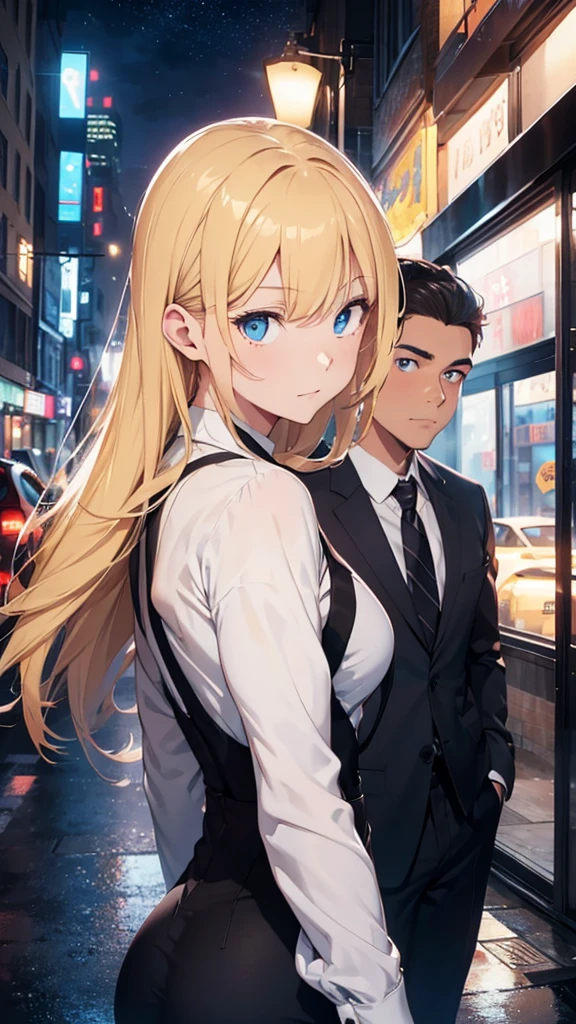 Half body portrait of a woman and a muscular young man with blond hair, blue eyes, wearing a plain black suit. Turn around and look back at the half-body image, colored lights, look back. city view at night