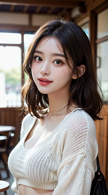 Tabletop, Highest quality, Photorealistic, Fine details, High resolution, 8k wallpaper, Perfect dynamic composition, Beautiful attention to detail, Medium Hair, Big ample breasts, Random sexy poses,Put your chest together、(Very small size simulation color crop top white knitwear)、(Breast Swelling 1.2)、Laughter、Open your mouth、View from the resort、23 years old、(Droopy Eyes 1.4)、Adult Beauty、Japanese