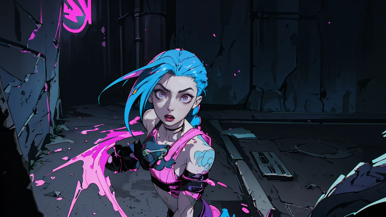 solo female, (masterpiece), best quality, expressive eyes, perfect face, Arcane style art, Dark lines, Jinx, League of legends, pale white skin, Skinny, character centered in image, blue hair, crazy facial expression, Bright pink eyes, full body shot, looking at viewer, crazy pose, small perky breasts, night time, underground, sewer, Dark factory background, blue and pink neon graffitti, scrap on ground,