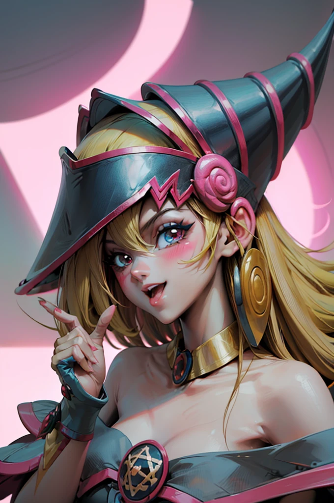 Crea el hermoso rostro de dark magician gils. Ojos azules. Labios rosados. Tes blanca. Cabello rubio. girl smile. Hombros destapados. Collar en el cuello. Rostro de gils mago oscuro. His hands make the sign of peace and love. Paz y amor en sus manos. 