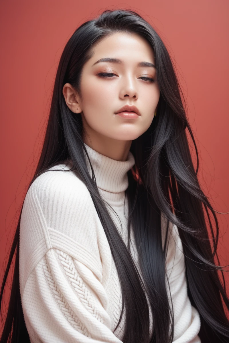,score_9,score_8_superior,score_7_superior, 20-year-old, 8k, High resolution, beautiful girl, Black Hair, Very long hair, Straight hair, Mouth closed,
One girl, Detailed face, Beautiful woman face, sweater, Red background, View your viewers,