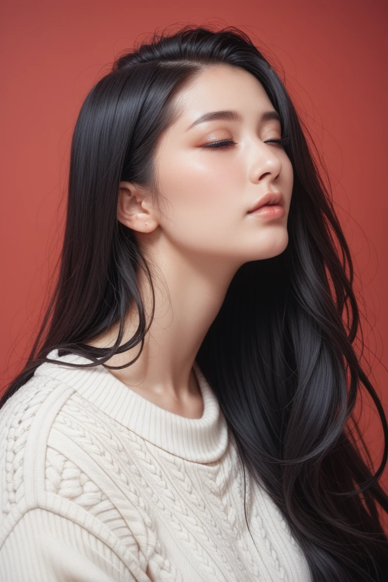 ,score_9,score_8_superior,score_7_superior, 20-year-old, 8k, High resolution, beautiful girl, Black Hair, Very long hair, Straight hair, Mouth closed,
One girl, Detailed face, Beautiful woman face, sweater, Red background, View your viewers,