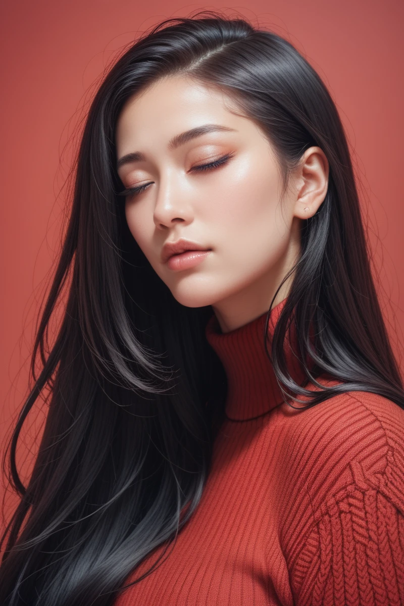 ,score_9,score_8_superior,score_7_superior, 20-year-old, 8k, High resolution, beautiful girl, Black Hair, Very long hair, Straight hair, Mouth closed,
One girl, Detailed face, Beautiful woman face, sweater, Red background, View your viewers,