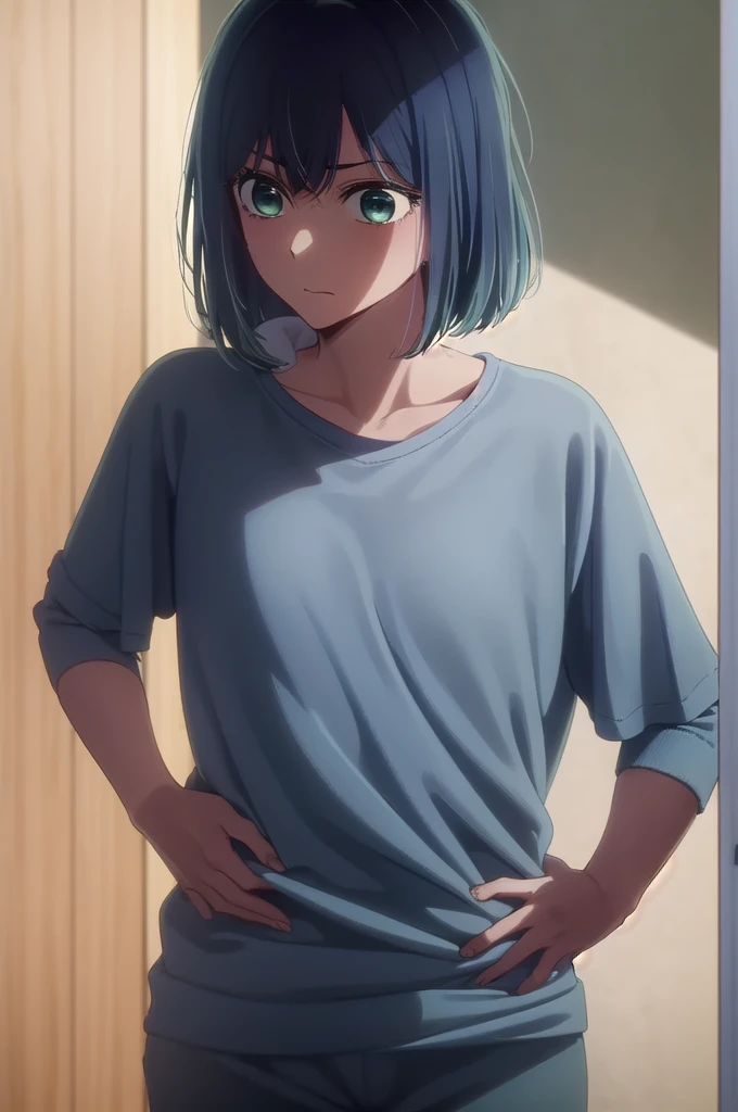 akanekurokawa, akane kurokawa, bangs, (Green Eyes:1.3), Blue Hair, Medium Hair, dark Blue Hair,
break shirt, Short sleeve, towel, T-Shirts, Red Shirt, towel around neck, Sweat pants, white towel,
break indoors, mirror, Gym, Sweat,
break looking at viewer, (Cowboy Shot:1.5),
break (masterpiece:1.2), Highest quality, High resolution, unity 8k wallpaper, (figure:0.8), (Beautiful attention to detail:1.6), Highly detailed face, Perfect lighting, Highly detailed CG, (Perfect hands, Perfect Anatomy),