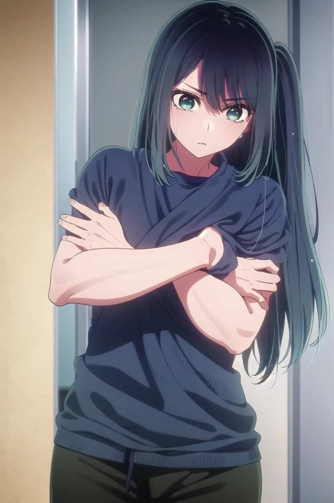 akanekurokawa, akane kurokawa, bangs, (Green Eyes:1.3), Blue Hair, Medium Hair, dark Blue Hair,
break shirt, Short sleeve, towel, T-Shirts, Red Shirt, towel around neck, Sweat pants, white towel,
break indoors, mirror, Gym, Sweat,
break looking at viewer, (Cowboy Shot:1.5),
break (masterpiece:1.2), Highest quality, High resolution, unity 8k wallpaper, (figure:0.8), (Beautiful attention to detail:1.6), Highly detailed face, Perfect lighting, Highly detailed CG, (Perfect hands, Perfect Anatomy),
