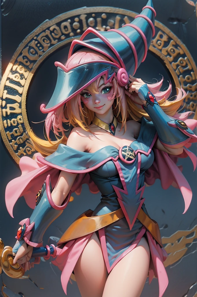 Crea el hermoso rostro de dark magician gils. Ojos azules. Labios rosados. Tes blanca. Cabello rubio. girl smile. Hombros destapados. Collar en el cuello. Rostro de gils mago oscuro . en bikini