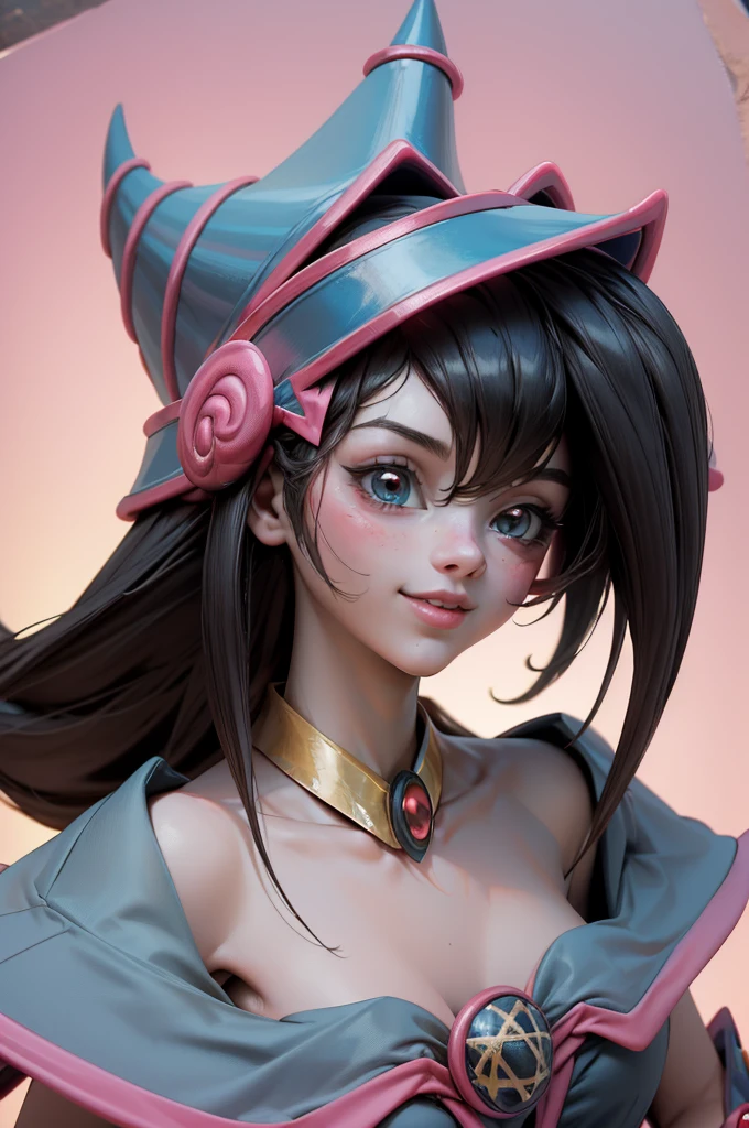 Crea el hermoso rostro de dark magician gils. Ojos azules. Labios rosados. Tes blanca. Cabello rubio. girl smile. Hombros destapados. Collar en el cuello. Rostro de gils mago oscuro . en bikini