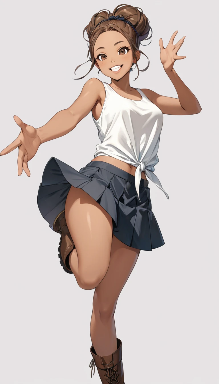 High-resolution image, masterpiece, full-body image, female singer with impressive white teeth and a smile, narrow eyes with double eyelids, tied hair, thick lips, healthy brown skin texture, wearing a tank top, short flared skirt, and boots, pose with right hand outstretched, angled from below, no background