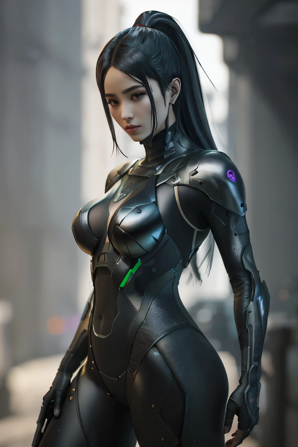3D, A mesmerizing cyberpunk female figure portrayed in Unreal 5, showcasing a sleek, smaller carbon fiber battle armor, accentuating her naked form:1.3, (advanced HDR (HighDynamicRange) rendering), Ray tracing, NVIDIA RTX, Hyper-Resolution, Octane Rendering for accurate simulation of light-material interactions, Subsurface scattering, PBR Texture for realistic surface coloring, multi-layer textures, Albedo maps and Specular maps, intricate details, Anisotropy Filtering, depth of field, maximized definition and sharpness, post-processing, and the rule of thirds for an aest