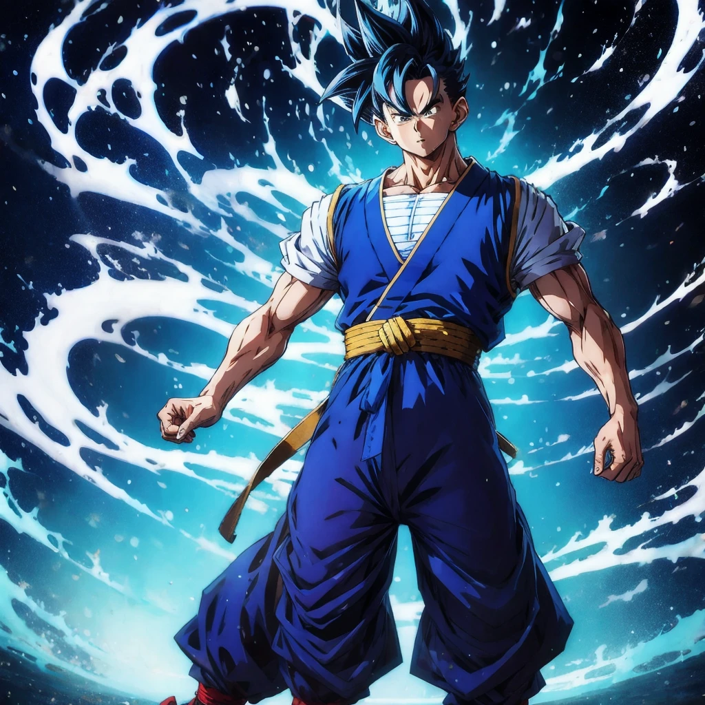 ,a man in a blue and white outfit with a blue belt around his waist and a blue and white background,son gohan